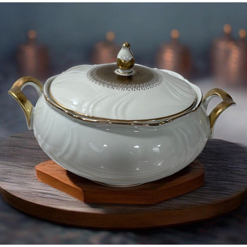 Vintage 1950s Winterling Bavaria Porcelain Soup Tureen Lidded Gold Geometric